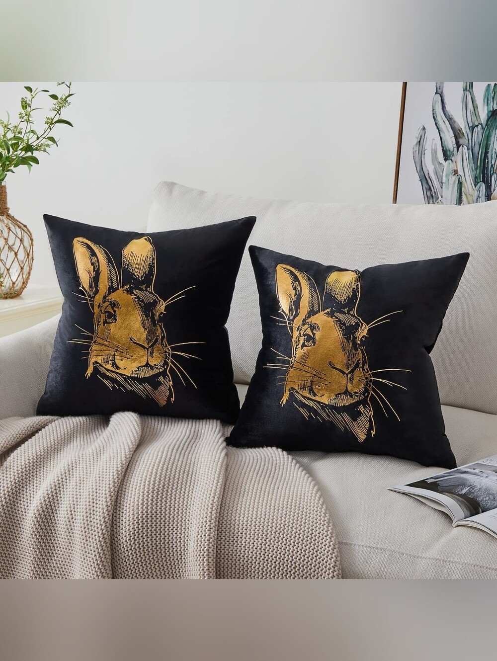 Black & Gold Velvet Rabbit Pillow Covers 18x18 -Set of 2